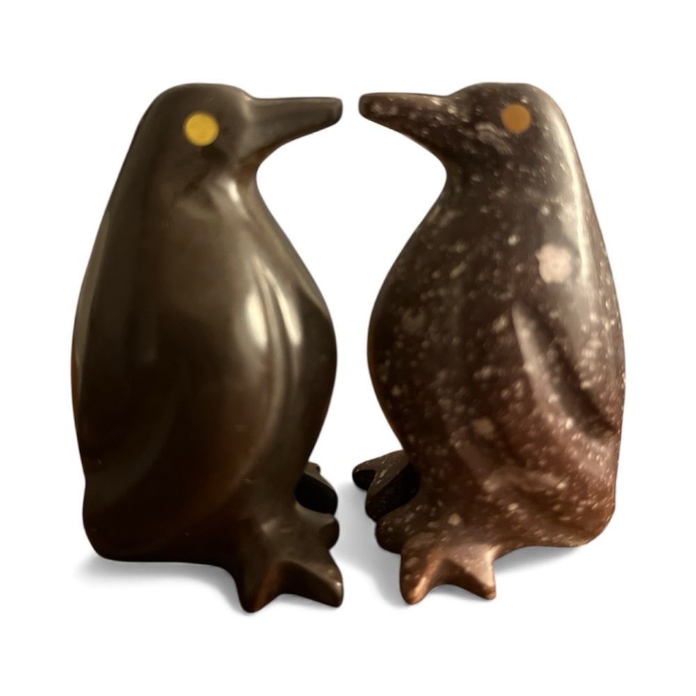 Handcarved 2 Stone Penquins Vintage 1 speckled 1 brown